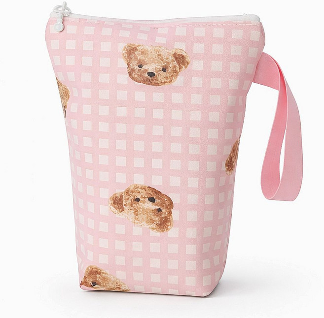 다용도 양치컵 물병 방수파우치, 핑크체크곰