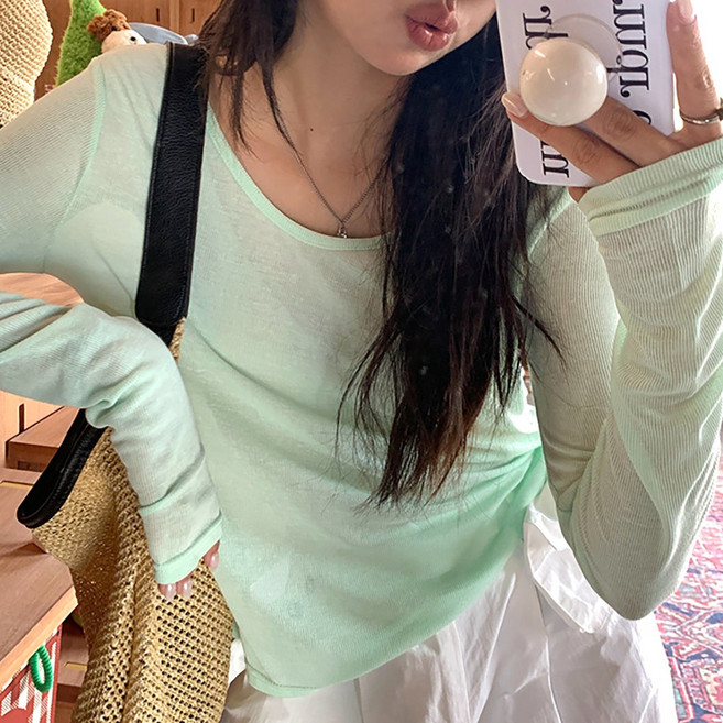 네모엔룩 시스루브이넥 여성용 레이어드 이너 브이넥 비치룩 커버업 시스루 긴팔 티셔츠