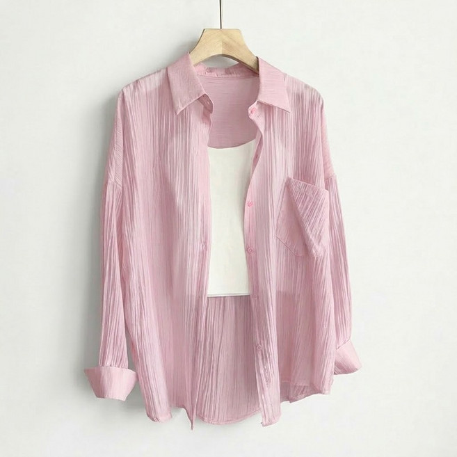 UPPERCUT 여성 루즈핏 블라우스 여름 긴팔셔츠 자외선차단 긴팔남방 빅사이즈 시스루 린넨셔츠