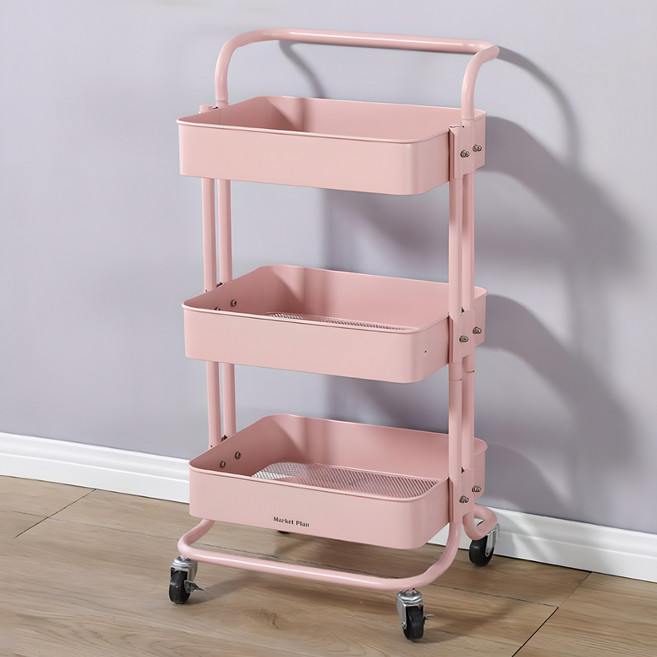 마켓플랜 이동식 다용도 수납 선반, 핑크, 3단