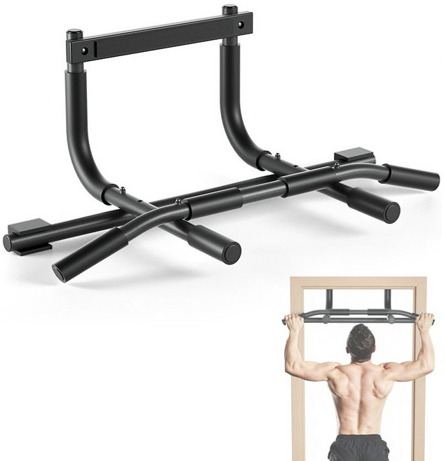 2단 문틀 철봉 높이조절 와이드그립 턱걸이 풀업바 더블 철봉 미끄럼 방지 가정용 실내 운동 기구 구멍 없이 설치, 검정