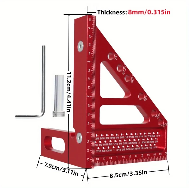 멀티 앵글 측정 눈금자 정밀 목공 도구 앵글 핀 알루미늄 22.5-90 도 3D 인치 두께 목수 스퀘어, 03 8mm Thickness Red, 1