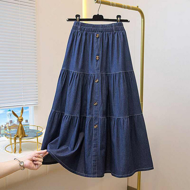 MOSAIRATION 여성 플리츠 베이직 밴딩 청 치마 A라인 빅사이즈 데일리 기본 데님 롱 스커트 V010609