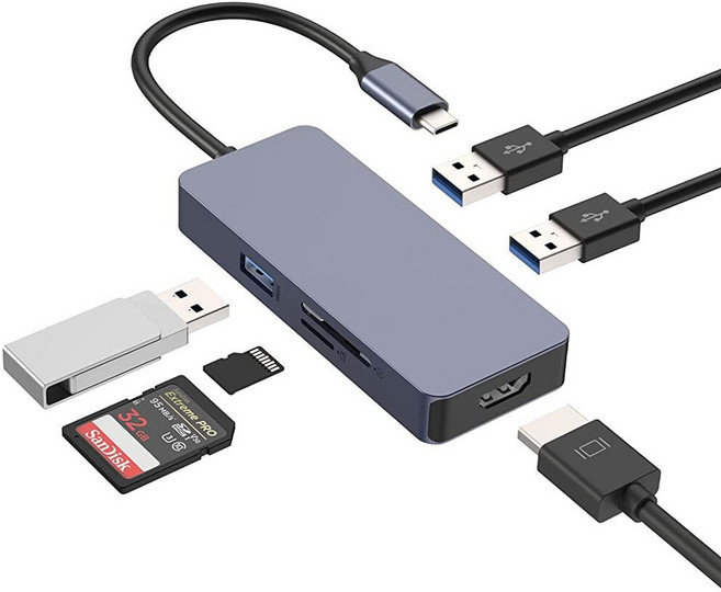 6-in-1 USB-C 허브 어댑터 4K HDMI USB 3.0 포트 3개 맥북 프로 에어(썬더볼트 3) 및 기타 타입-C 노트북용 SD/TF 카드 리더기, 6-in-1 USB-C 허브 어댑터, 4K HDMI,, 1개