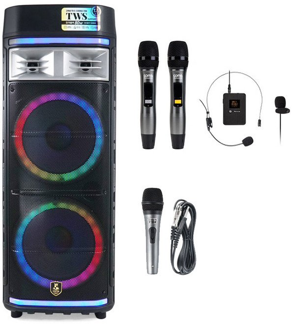 [컴스] 행사용 휴대용 블루투스 앰프 이동식 버스킹 앰프 스피커+무선마이크 노래방 CR500세트, LM502(무선+유선+헤드셋마이크세트)
