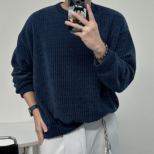 남자 맨투맨 오버핏 골지 스판 벨루아 니트 맨투맨 티셔츠