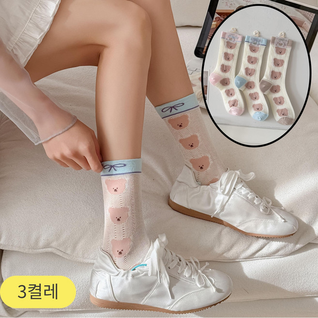스위트나나 여성 귀여운 곰돌이 시리즈 시스루 중목 패션양말 3켤레 세트