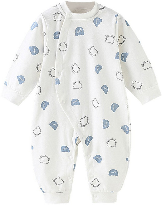 JoyBaby 斜開扣長袖包屁衣 分腿睡衣 親膚棉質 藍白熊頭 73碼