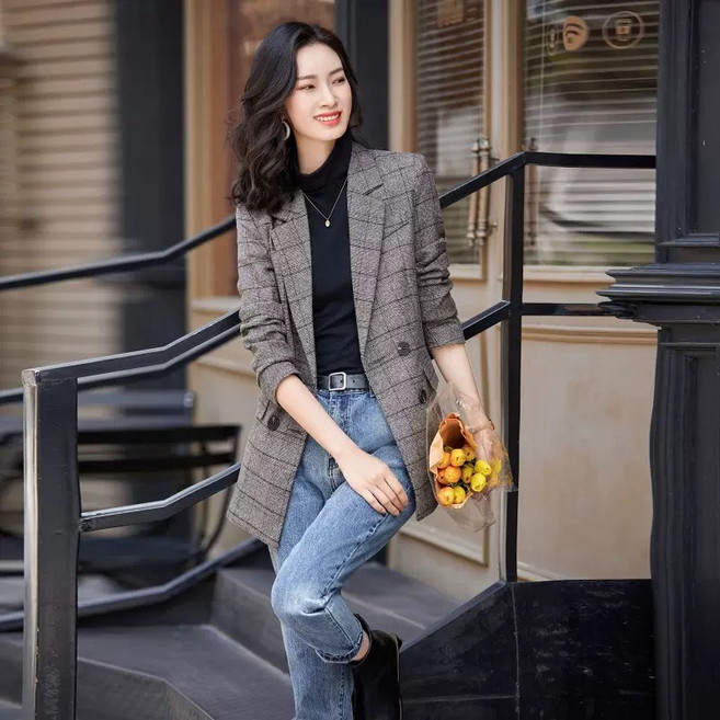 루스리더 여성 카라넥 체크무늬 투버튼 블레이저 EZ41