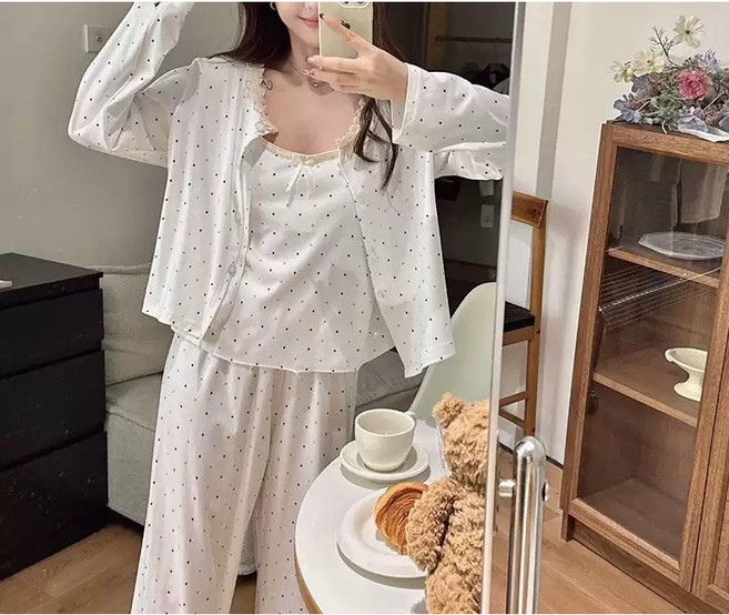 [허비] 여성잠옷 도트 레이스 상하의나시(내장패드)3p세트 홈웨어파자마
