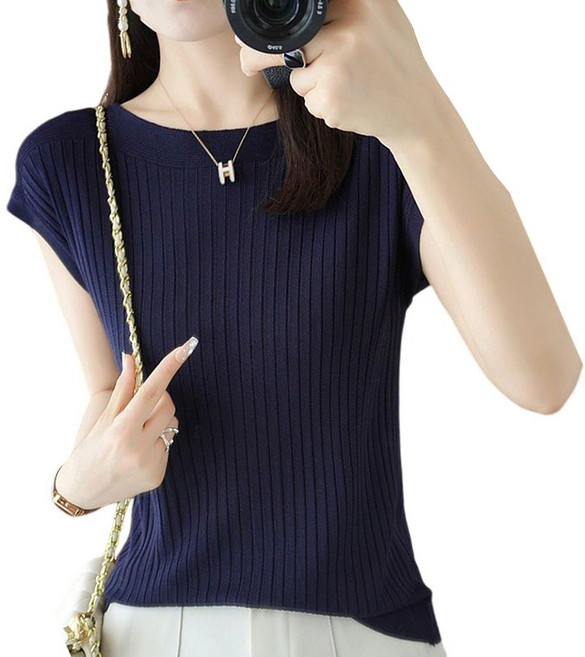 여성용 여름 보트넥 부드러운 쿨링 반팔 니트 H31T58