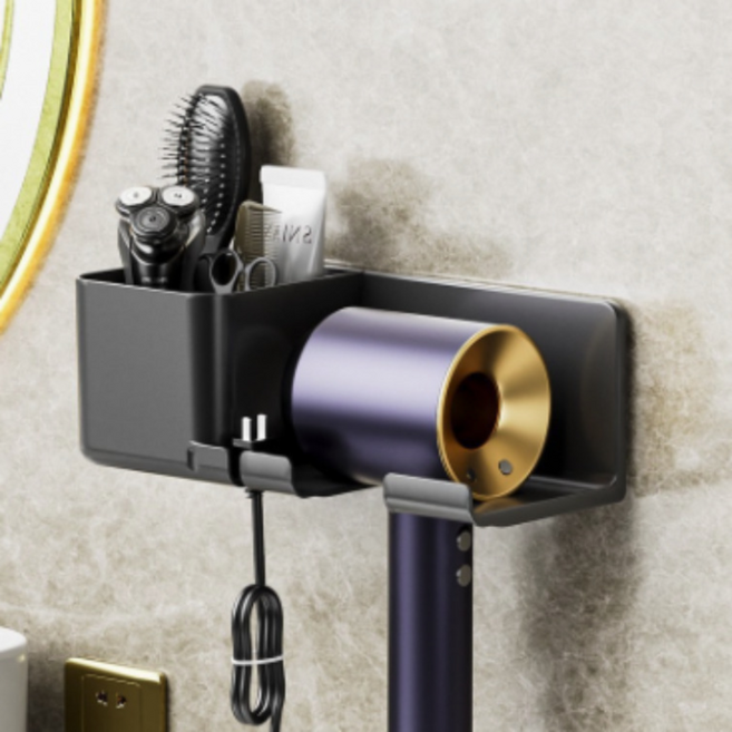 블루아이콘 벽걸이 헤어드라이어 거치대 / 욕실 정리 선반 / 올인원 헤어 액세서리 보관함, 블랙, 1개