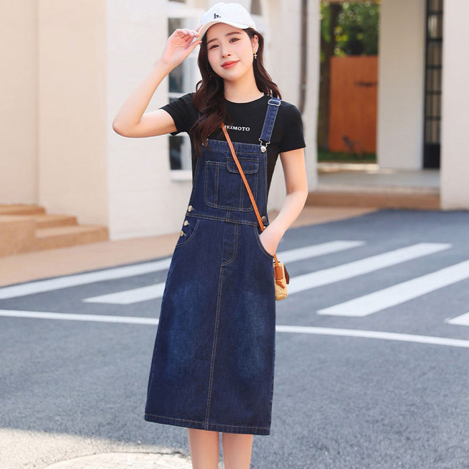 데님 스트랩 스커트 여성 2022 년 여름 새로운 긴 패션 시대 감소 투피스 드레스