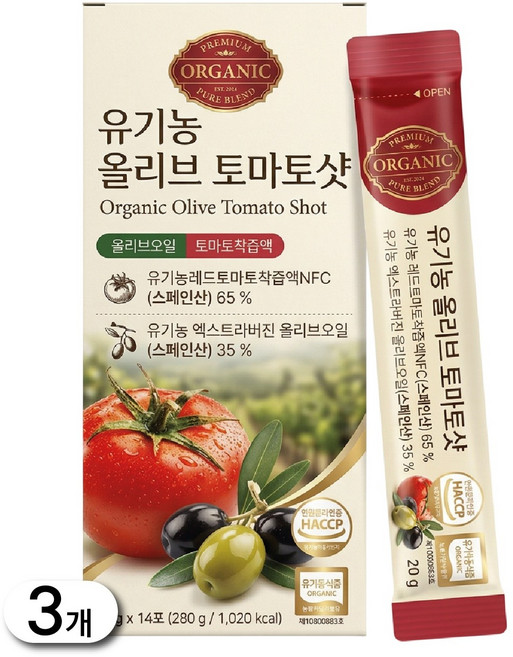 유기농 올리브 토마토샷 올토샷 토마토 올리브오일 스틱 엑스트라버진 NCF 착즙, 3개