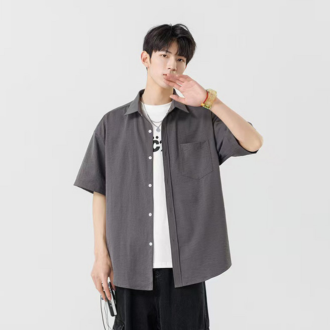 YANGTA 남성용 여름 반팔 링클프리 오버핏 무지 남방