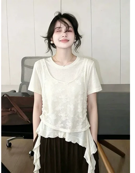 루미트리 여성 여름 반팔 레이스 언발란스 티셔츠 8021