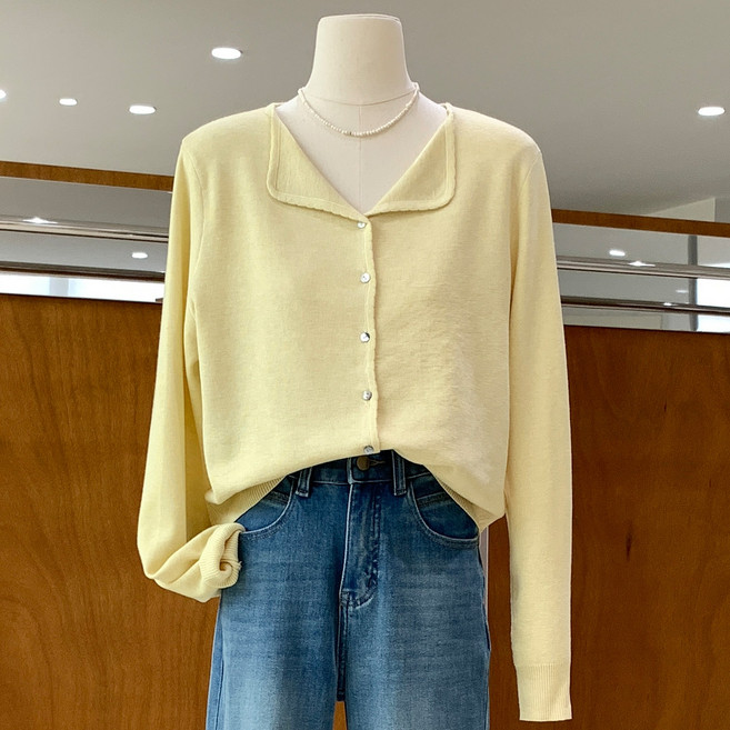 SONOVA 쏘노바 여성 여리핏 세일러카라 슬림핏 가디건 봄 간절기 데일리 얇은 니트 아우터