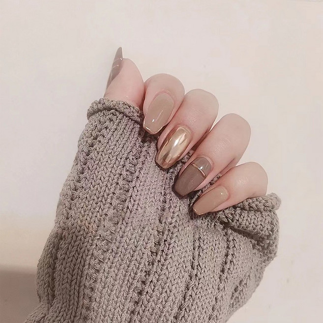 北陌之家 手工穿戴甲 摩卡奶泡芭蕾款 金屬色 秋冬搭配 假指甲貼片 可拆卸成品甲片, 1個, 摩卡奶泡,XS