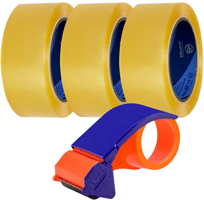 우신테이프 투명 OPP 박스테이프 낱개 경포장 50M 3개 + 커터기, 1세트