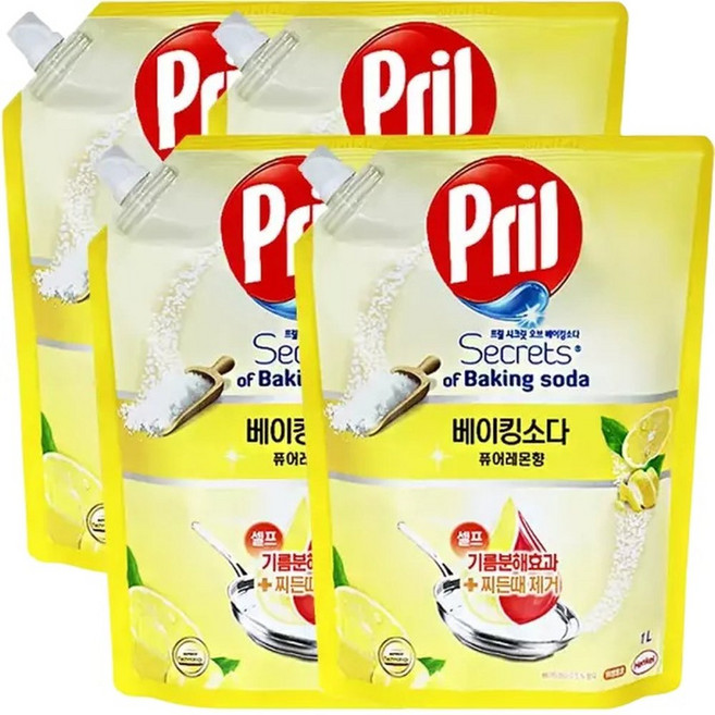 프릴 시크릿 오브 베이킹소다 주방세제 퓨어레몬향 리필 1L 4개, 프릴 베리 용기 x