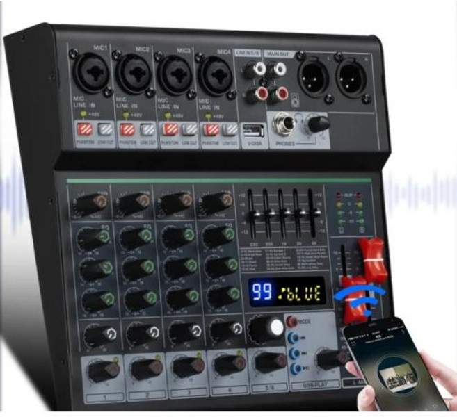 DJ 컨트롤러 믹싱 오디오 믹서 콘솔 믹서 파티 믹스 공연 방송 녹음 전문 DJ 6 채널 사운드 지지대 48V 전원 USB 블루투스 노래방, 없음, 1) Black