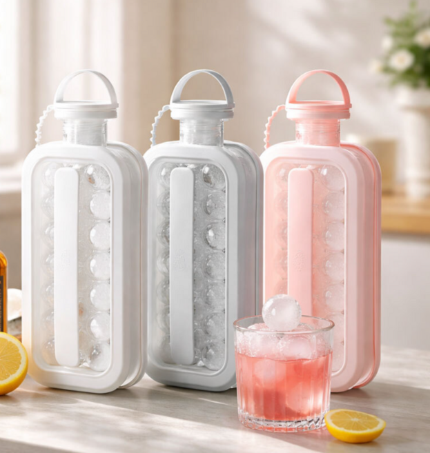 에너바디 얼음 트레이 내장 물병 휴대용 얼음 냉각 보틀 캠핑 아이스 몰드 17구, 1개, 그레이