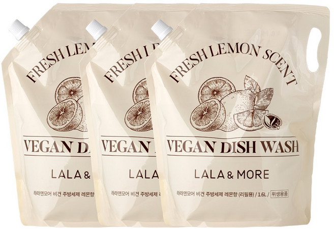 라라앤모어 비건 주방세제 레몬향 리필용, 3개, 1.6L