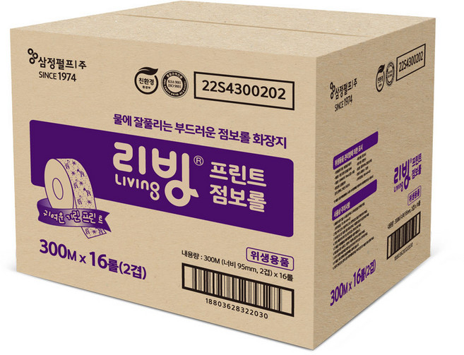 리빙티슈 프린트 2겹 점보롤 300m, 1개