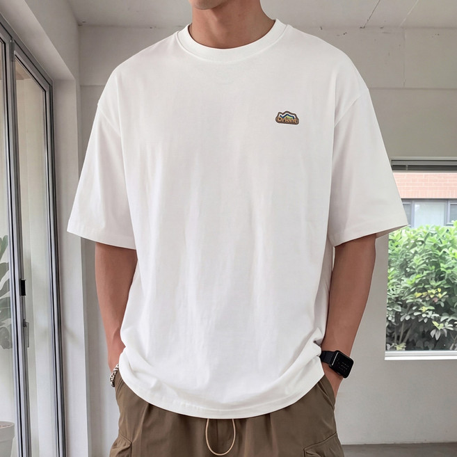 HANYO 남여공용 스믈패치자수 루즈핏 순면 반팔 티셔츠