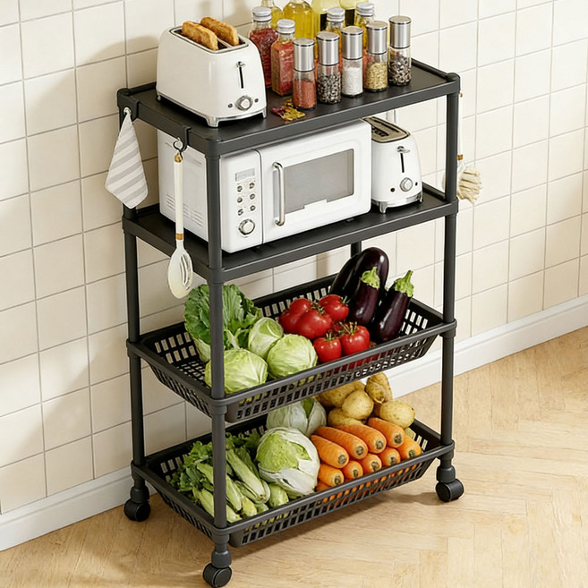 다용도 이동식 수납선반 주방 전자레인지 스탠드 바스켓 트롤리 다층 정리 진열대 조립식 집안 수납장, 1개, 블랙