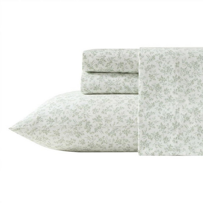 Laura Ashley Home 새틴 컬렉션 침대 시트 세트 실크처럼, Floral Toile Green