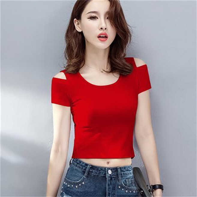 besteffie 크롭반팔티 여름 여성용 무지 라운드넥 어깨트임 슬림라인 면100% 빅사이즈 숏 반팔티셔츠 C15