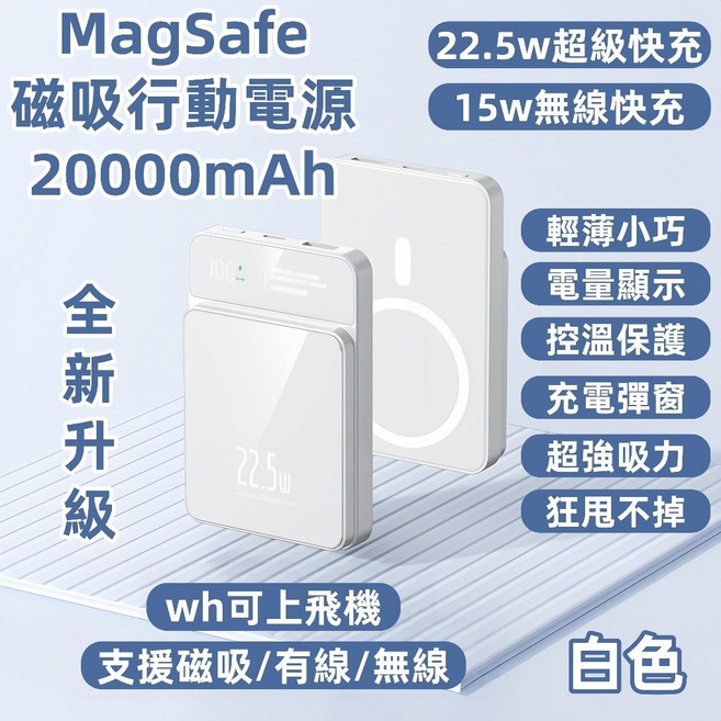 MagSafe磁吸行動電源 20000mAh LED數顯 22.5W 超級快充 支援無線充電, 22.5W有線充+15W無線充, 純白色