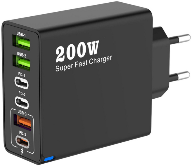 200W 접지 초고속 충전기 6포트 3USB+3PD 적용애플 아이폰 아이패드 삼성 갤럭시 픽셀 고속 전원 어댑터, 1개, 블랙