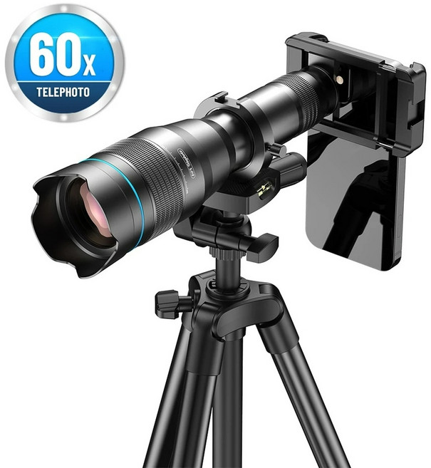 APEXEL 60배율 촬영 키트 망원렌즈+삼각대+스마트폰 아답터 APL-60XFR50, 1개, 삼각대 + 리모컨 포함