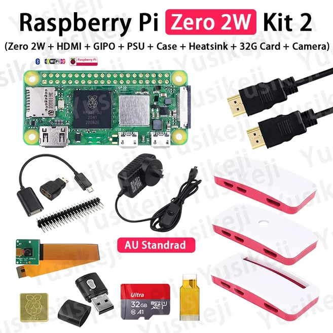 라즈베리 파이 제로 2W ZERO 키트(제로 2W+케이스+HDMI 케이블+전원 공급 장치+GPIO 세트+히트싱크+32GB