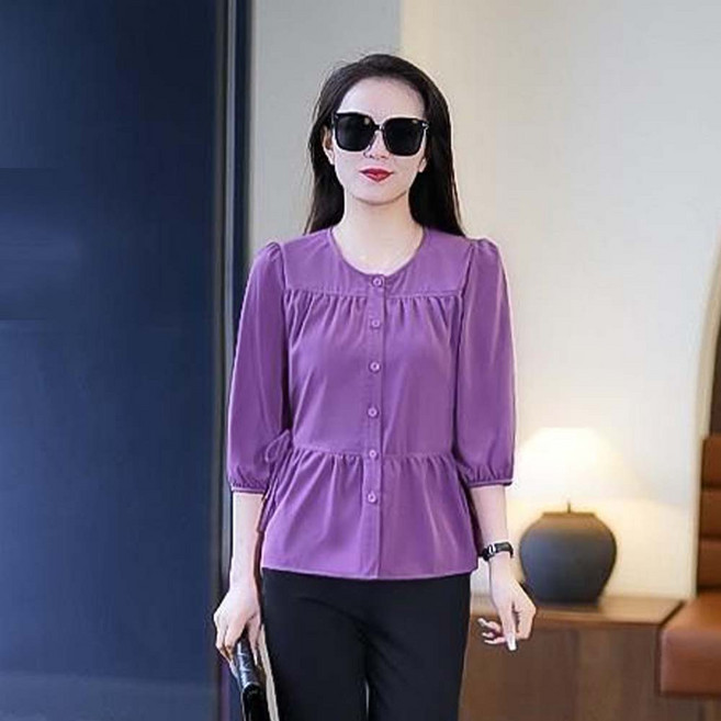 TKX 여성 오피스 캐주얼 라운드넥 쉬폰 블라우스 7부소매 루즈핏 통기성 데일리 셔링 포인트 간절기 기본 상의