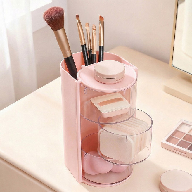 회전식 메이크업 브러쉬 퍼프 정리함, 핑크, 1개