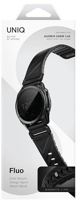UNIQ FLUO Garmin 워치 밴드 26mm - 탈착식 커넥터가 있는 마그네틱 실리콘 스트랩 Garmin 스마트워치에 맞게 안전하고 조절 가능한 핏 - 블랙