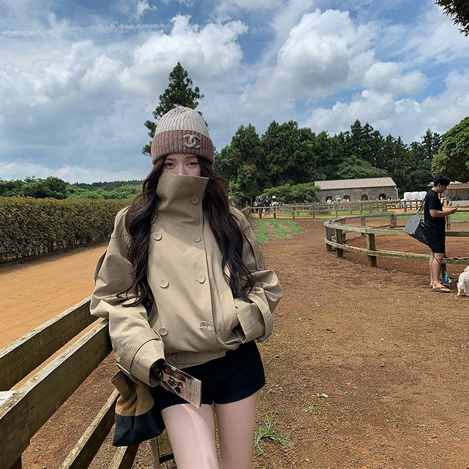 ANYOU 여성 크롭 트렌치자켓 엘레강스 데일리 올드머니 더블 트렌치 아우터