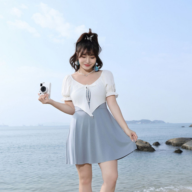 大碼分體泳衣裙式女胖mm平角保守大小胸聚攏小清新遮肚顯瘦游泳衣