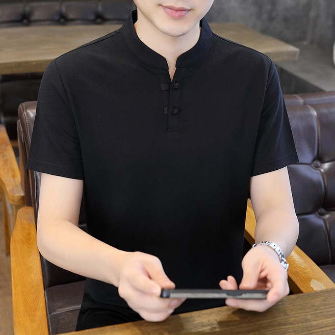 AOKADA 남성 스텐드넥 반팔 셔츠 남자 여름 차이나 카라 반팔티