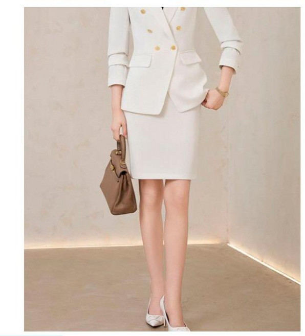 셀러리픽 핫핑크 여성 정장 세트 금단추 더블 자켓 바지 행사 공연복, 화이트 치마