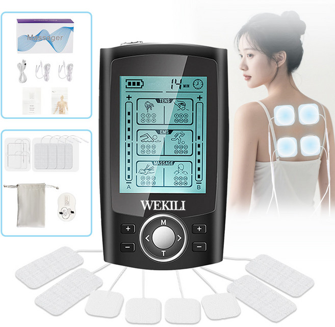 WEKILI 저주파 마사지기 36가지 모드 듀얼 채널 TENS EMS 마사지 전신 안마기 충전식 휴대용 파우치 전용 겔패드 패키지, 블랙