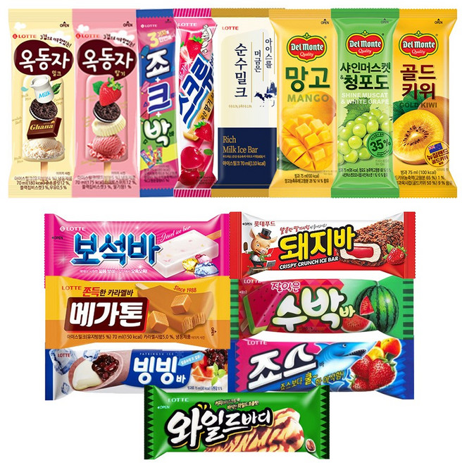 바 아이스크림 3종 8개씩 24개 ( 죠스바 수박바 스크류바 옥동자 와일드바디 메가톤바 순수밀크 빙빙바 옥동자 딸기 죠크박 델몬트 망고바 샤인&청포도바 골든키위바 보석바 돼지바 ), 15.옥동자*12개+와일드바디*12개, 1개