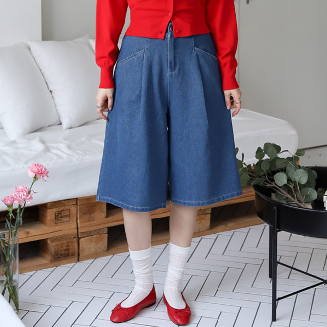 봉봉스토리 여성용 키브 핀턱 뒷밴딩 5부 청바지 와이드 버뮤다 데님 팬츠