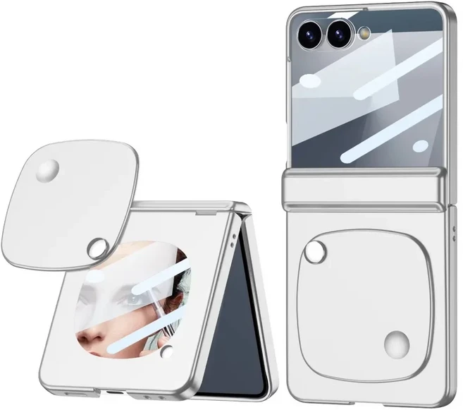 트렌디한 도파민 감촉 PC 폰 케이스 삼성 갤럭시 Z 플립 7용 메이크업 거울 포함 마그네틱 힌지 강화유리