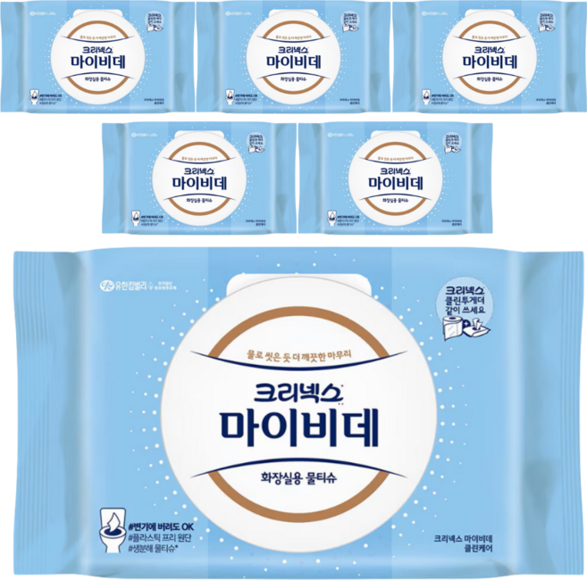 크리넥스 마이비데 친환경 클린 케어 물티슈 캡형, 60매, 6개
