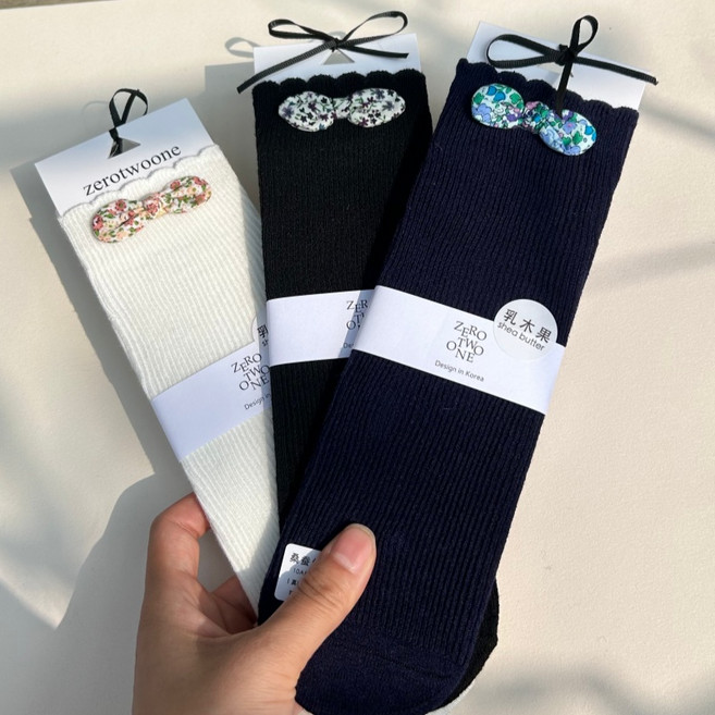 여성 실크 울 혼방 플라워 리본 롱롱 양말 발레풍 종아리 양말 3켤레 세트