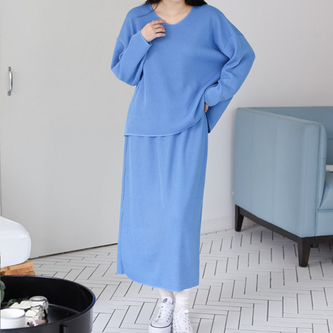 봉봉스토리 여성용 제니토리 브이넥 골지 상하세트 루즈핏 티셔츠 +롱스커트 코디세트